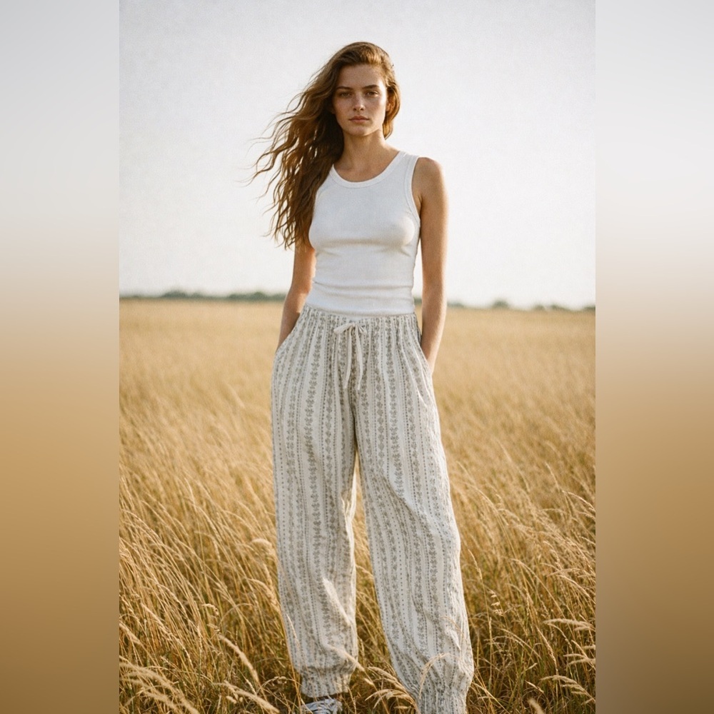 POL Boutique Cream & Olive Boho Oversized Joggers Relaxed Fit Size M